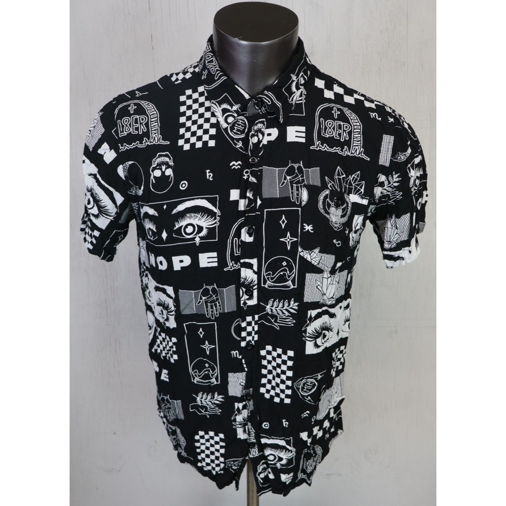 Mens HOT TOPIC‎ "NOPE" All Over Print Button Front Shirt Size L 100% Rayon Black